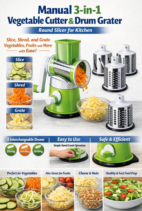 3-in-1 Manual Vegetable Cutter & Rotary Drum Grater | Slice, Shred & Grate in Seconds | 3 Stainless Steel Blades