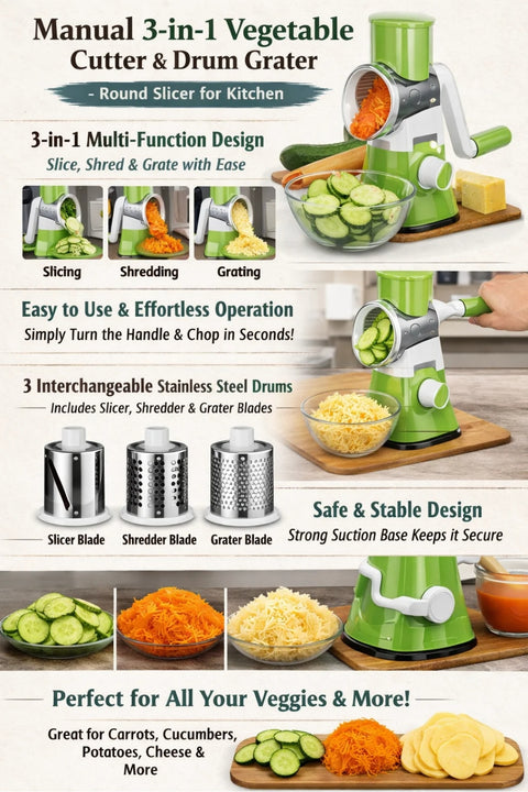 3-in-1 Manual Vegetable Cutter & Rotary Drum Grater | Slice, Shred & Grate in Seconds | 3 Stainless Steel Blades